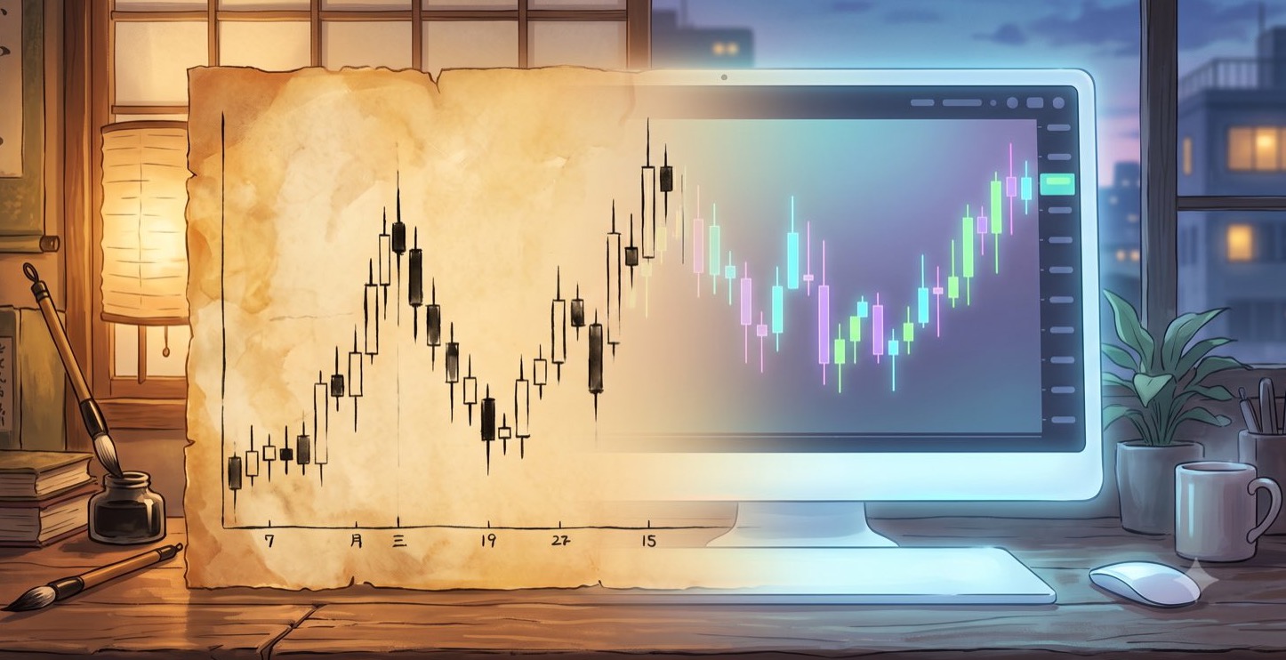 A paper price chart dissolving into a modern trading monitor