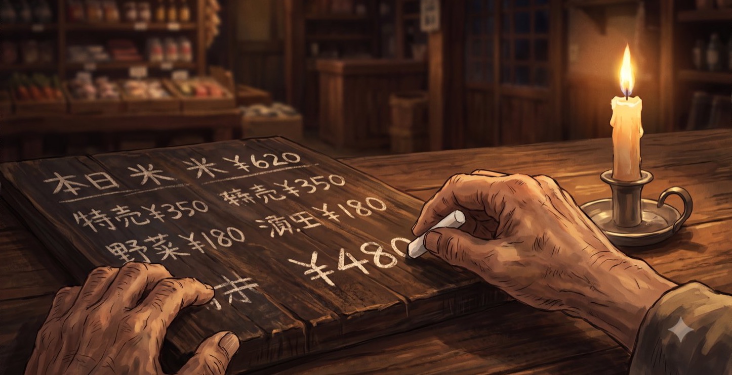Hands chalking the day's prices onto a ledger board beside a lit candle