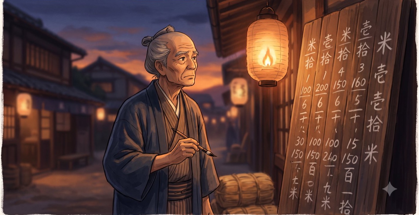 A rice merchant reading the day's board at the Dōjima exchange